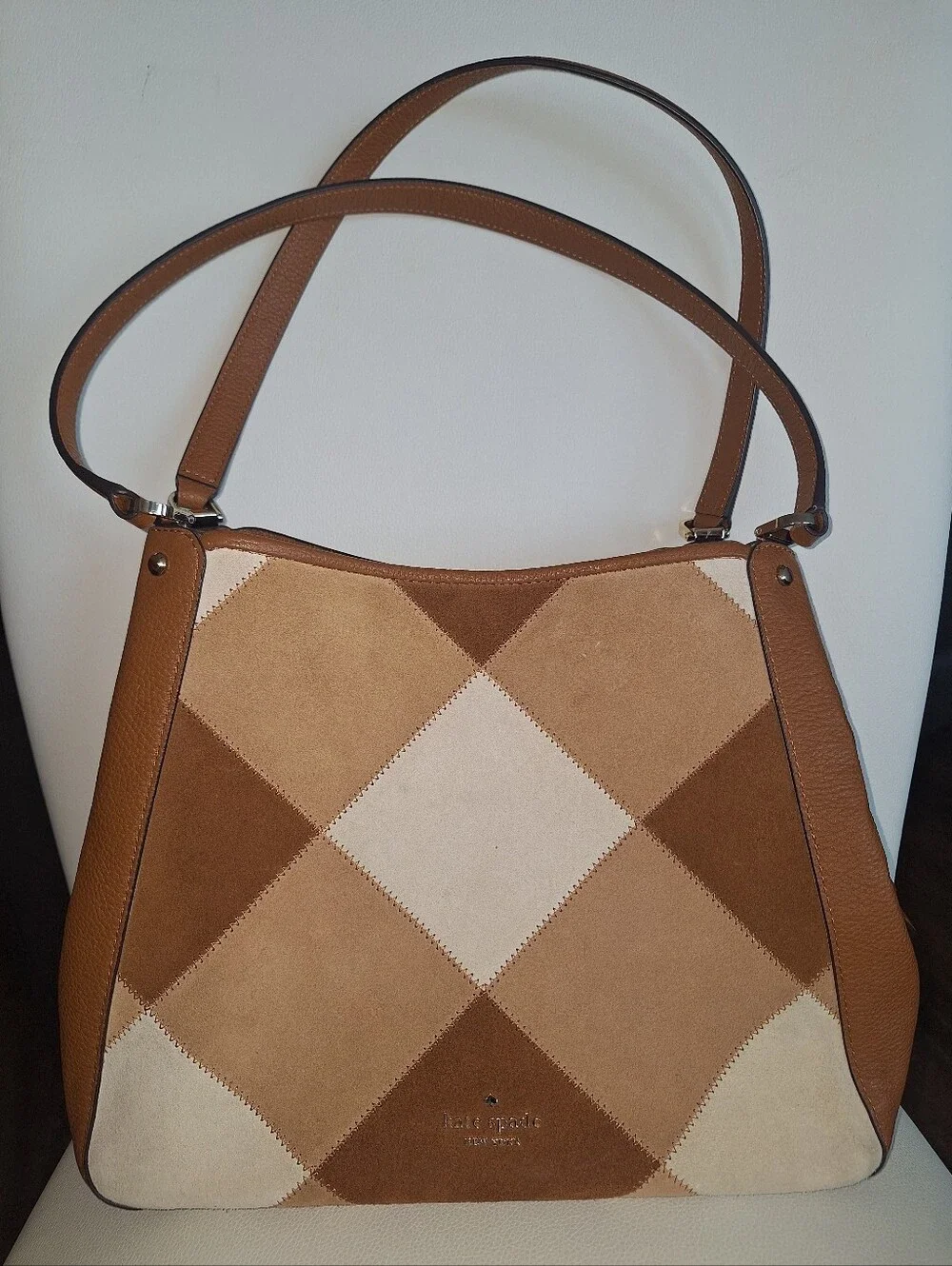 Kate Spade Brown & Tan Patchwork Leila Suede Medium Shoulder Bag EUC